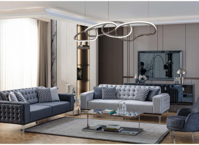 Chesterfield Gray Sofa Set Living Room Couches Three-Seater + Armchair